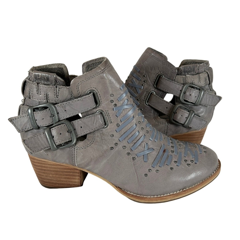 CAT Caterpillar Womens Grey Leather Studded Buckle Ankle Boots P308547 Size 6.5